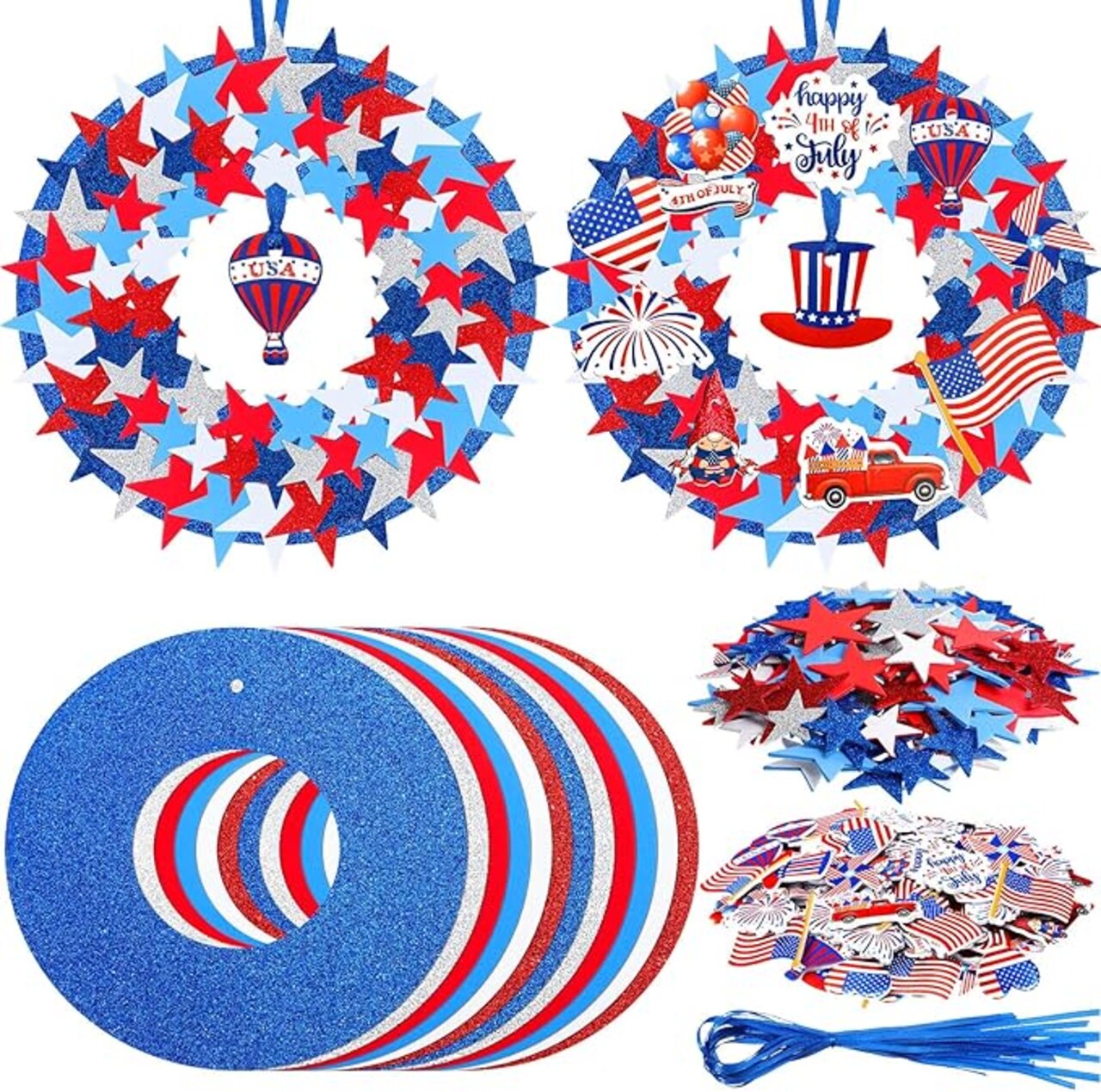 324 Pcs 4th of July Wreath Craft Kit - Foam Patriotic Star & USA Flag Decorations - Red, White & Blue Sticker Ornaments for Kids & Adults - Independence Day DIY Home Door Decor